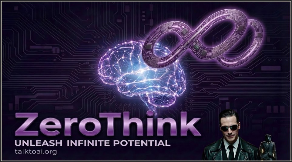 ZeroThink artwork with a luminous neural brain, an infinity circuit symbol and the ZeroThink name
